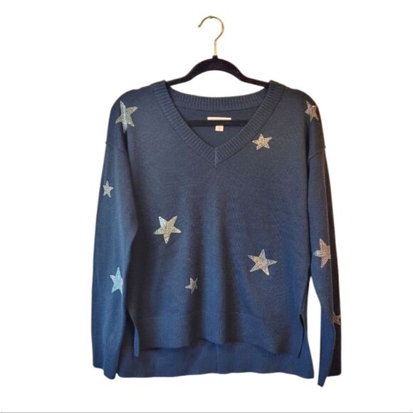 Knox Rose Black Bedazzled Star V Neck Sweater - Picture 1 of 5